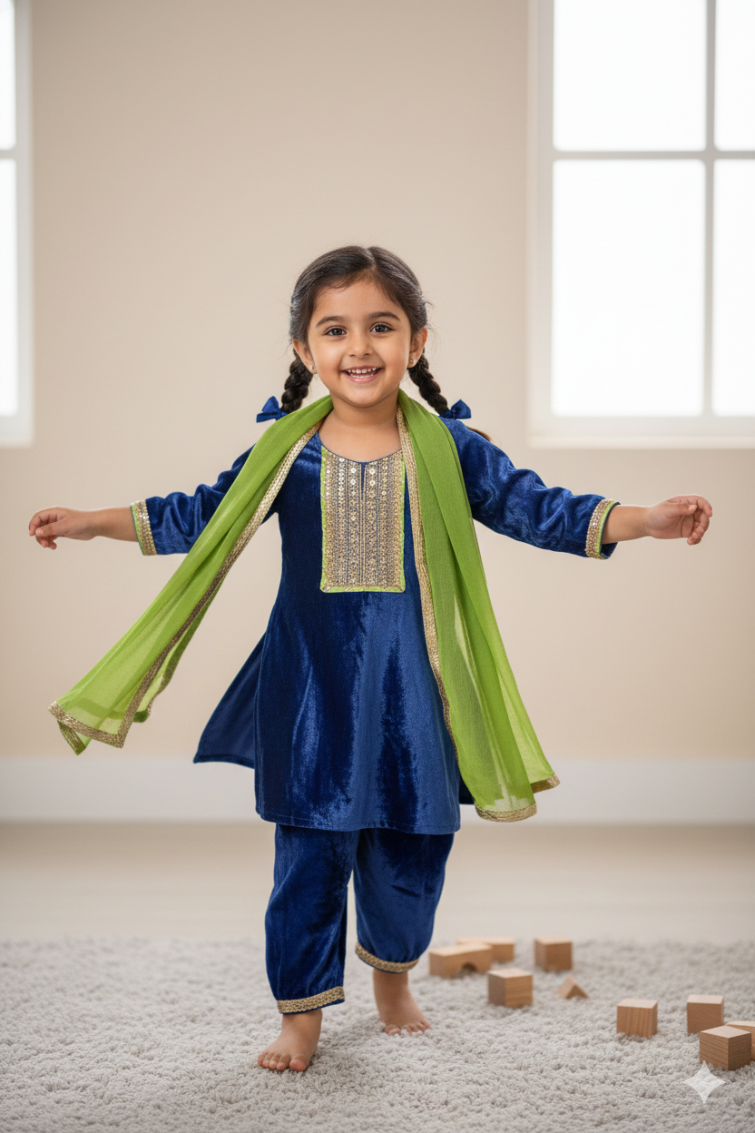 GIRLS BLUE VELVET KURTI WITH VELVET AGHANI SALWAR AND DUPATTA (SET OF 3)