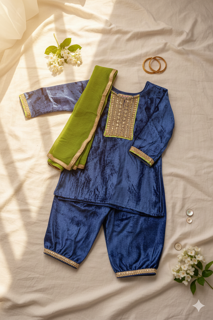 GIRLS BLUE VELVET KURTI WITH VELVET AGHANI SALWAR AND DUPATTA (SET OF 3)