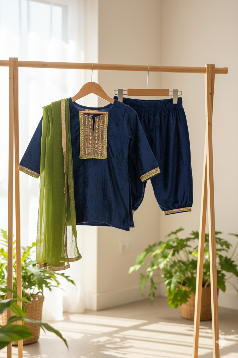 GIRLS BLUE VELVET KURTI WITH VELVET AGHANI SALWAR AND DUPATTA (SET OF 3)