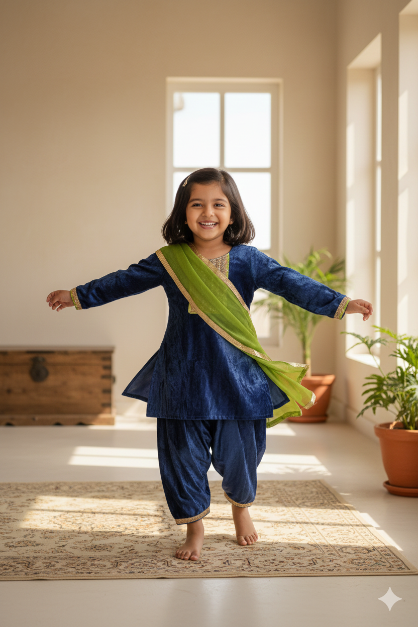 GIRLS BLUE VELVET KURTI WITH VELVET AGHANI SALWAR AND DUPATTA (SET OF 3)