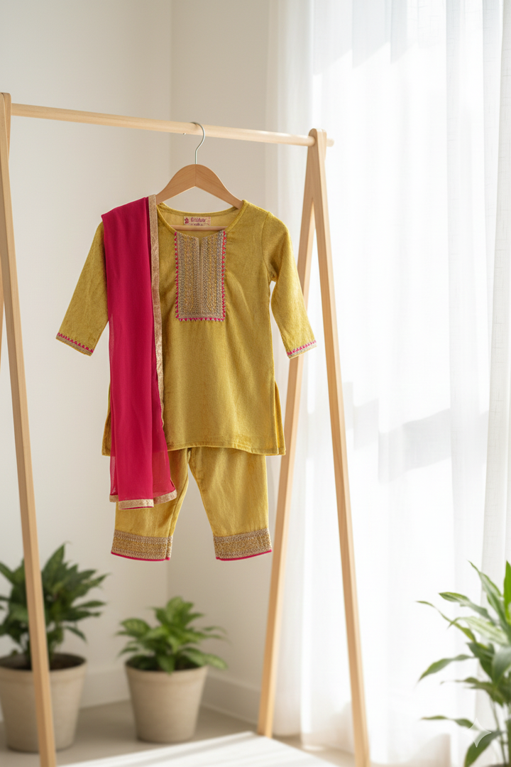 GIRLS MUSTARD YELLOW KURTI WITH VELVET PANT AND DUPATTA (SET OF 3)