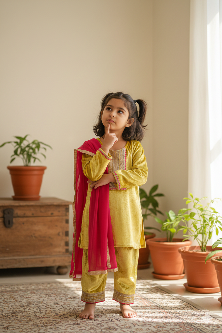 GIRLS MUSTARD YELLOW KURTI WITH VELVET PANT AND DUPATTA (SET OF 3)