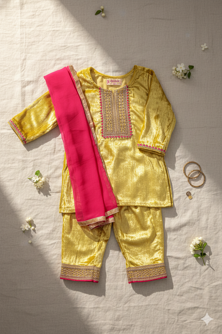 GIRLS MUSTARD YELLOW KURTI WITH VELVET PANT AND DUPATTA (SET OF 3)