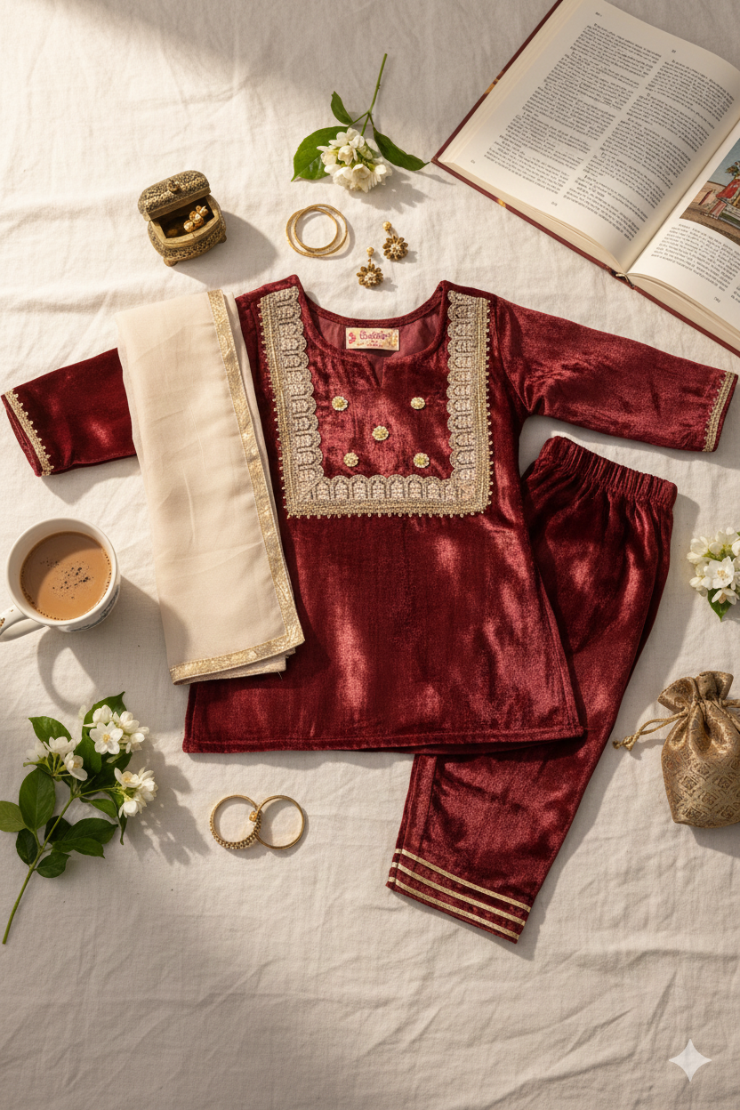 GIRLS MAROON VELVET KURTI WITH VELVET PANT AND DUPATTA (SET OF 3)