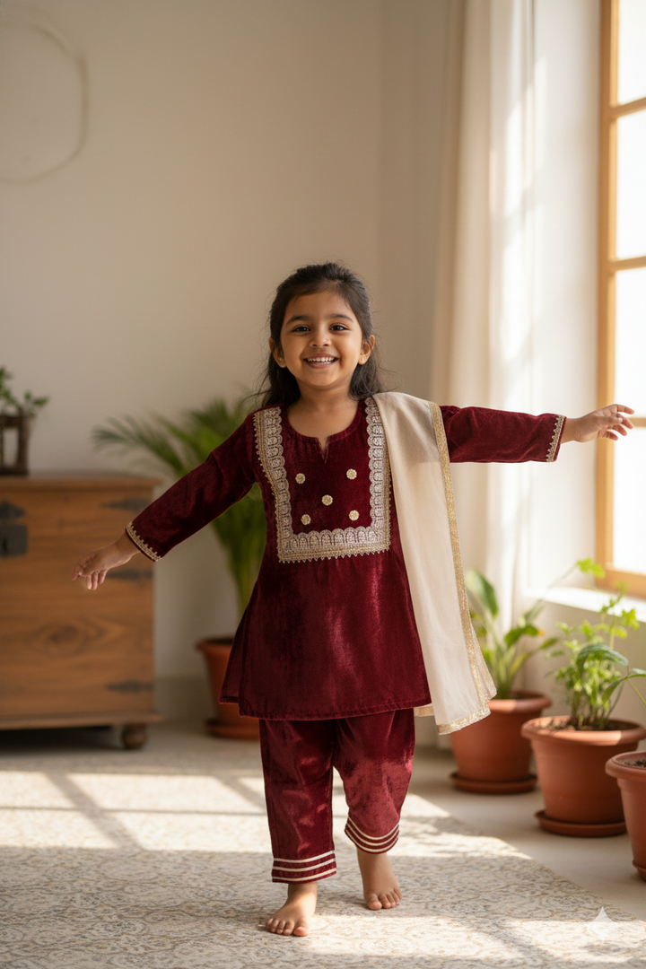 GIRLS MAROON VELVET KURTI WITH VELVET PANT AND DUPATTA (SET OF 3)