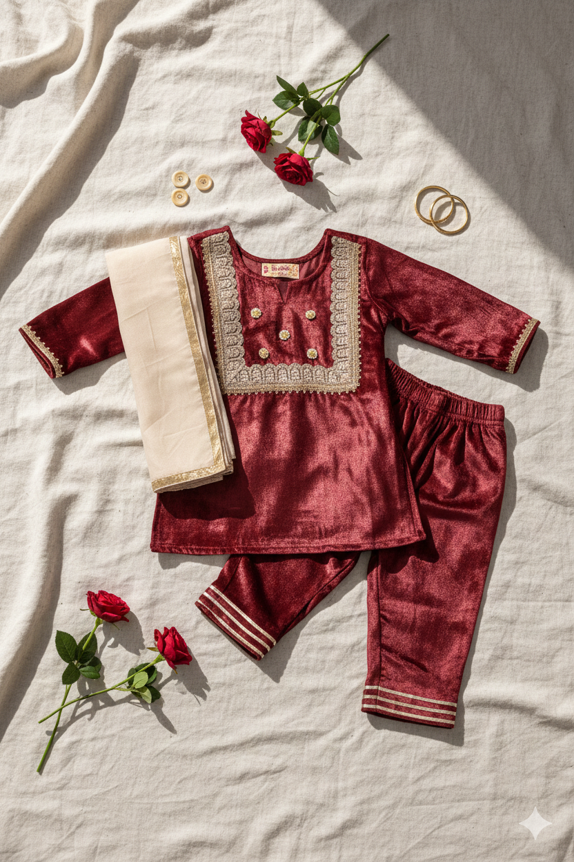 GIRLS MAROON VELVET KURTI WITH VELVET PANT AND DUPATTA (SET OF 3)