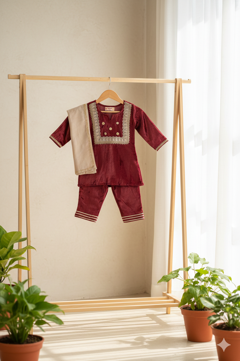 GIRLS MAROON VELVET KURTI WITH VELVET PANT AND DUPATTA (SET OF 3)