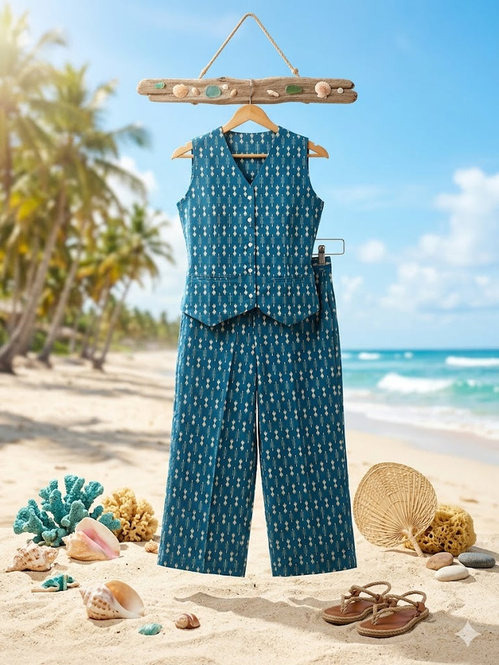 Women Blue White Waist Coat with Pant Co-Ord Set