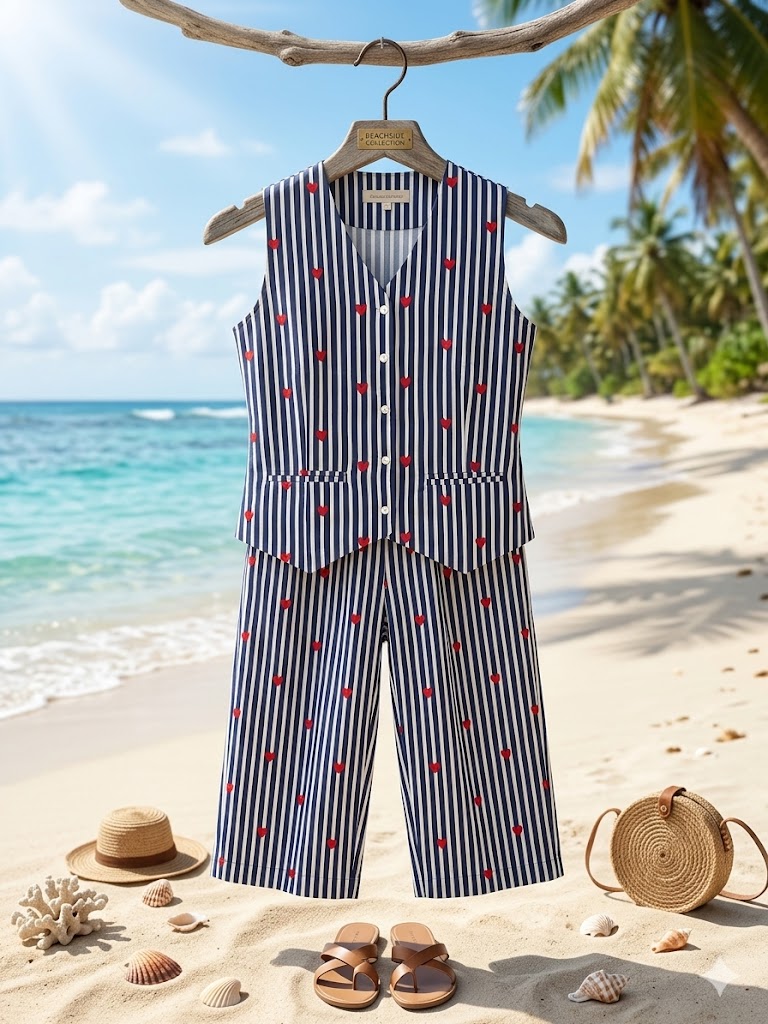 Women Blue Heart Waist Coat with Pant Co-Ord Set