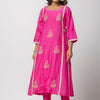 WOMEN BLUSH PINK MUL CHANDERI HAND EMBROIDERED KURTI WITH MUSLIN PANTS AND CHANDERI DUPATTA (SET OF 3)