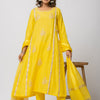 WOMEN MANGO YELLOW MUL CHANDERI HAND EMBROIDERED KURTI WITH MUSLIN PANTS AND CHANDERI DUPATTA (SET OF 3)