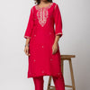 WOMEN FUCHSIA HAND EMBROIDERED MUSLIN KURTI WITH STRAIGHT ANKLE LENGTH PANT AND CHANDERI DUPATTA (SET OF 3)