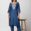 WOMEN NAVY BLUE HAND EMBROIDERED MUSLIN KURTI WITH STRAIGHT ANKLE LENGTH PANT AND CHANDERI DUPATTA (SET OF 3)