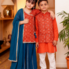 Girls Muslin Rust Orange Bandhani Angrakha Kurti & Blue Skirt with Dupatta (Set of 3) + Boys Rust Orange Bandhani Printed Jacket with Kurta & Pyjama 3-Piece Set