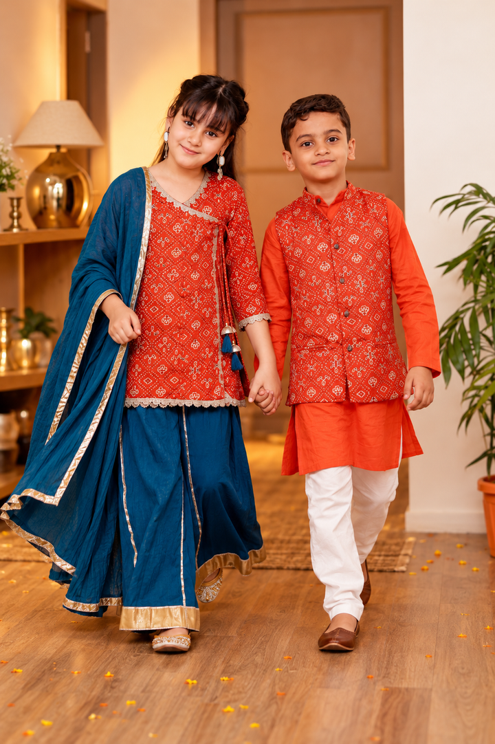 Girls Muslin Rust Orange Bandhani Angrakha Kurti & Blue Skirt with Dupatta (Set of 3) + Boys Rust Orange Bandhani Printed Jacket with Kurta & Pyjama 3-Piece Set
