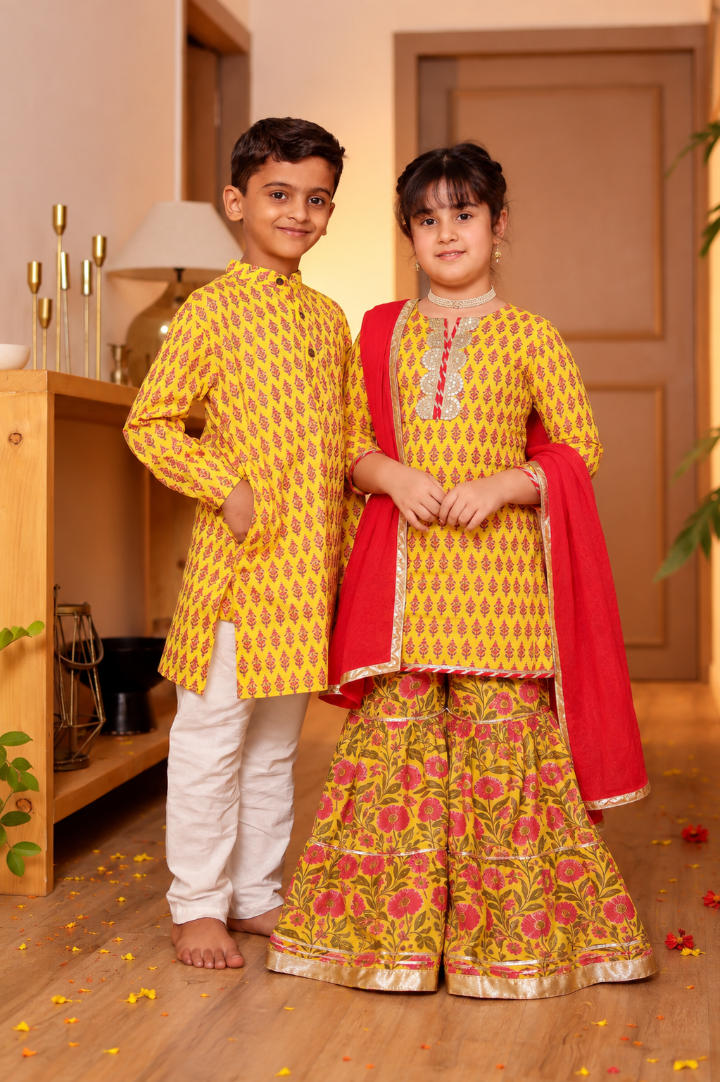 Girls Bright Yellow Floral Printed Kurti & Tiered Sharara with Red Dupatta (Set of 3) + Boys Bright Yellow Floral Booti Printed Cotton Kurta with Pyjama (Set of 2)