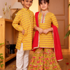 Girls Bright Yellow Floral Printed Kurti & Tiered Sharara with Red Dupatta (Set of 3) + Boys Bright Yellow Floral Booti Printed Cotton Kurta with Pyjama (Set of 2)