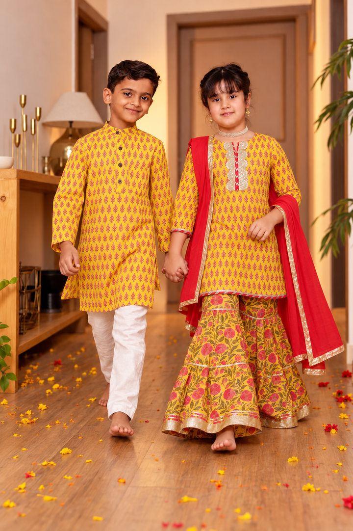Girls Bright Yellow Floral Printed Kurti & Tiered Sharara with Red Dupatta (Set of 3) + Boys Bright Yellow Floral Booti Printed Cotton Kurta with Pyjama (Set of 2)