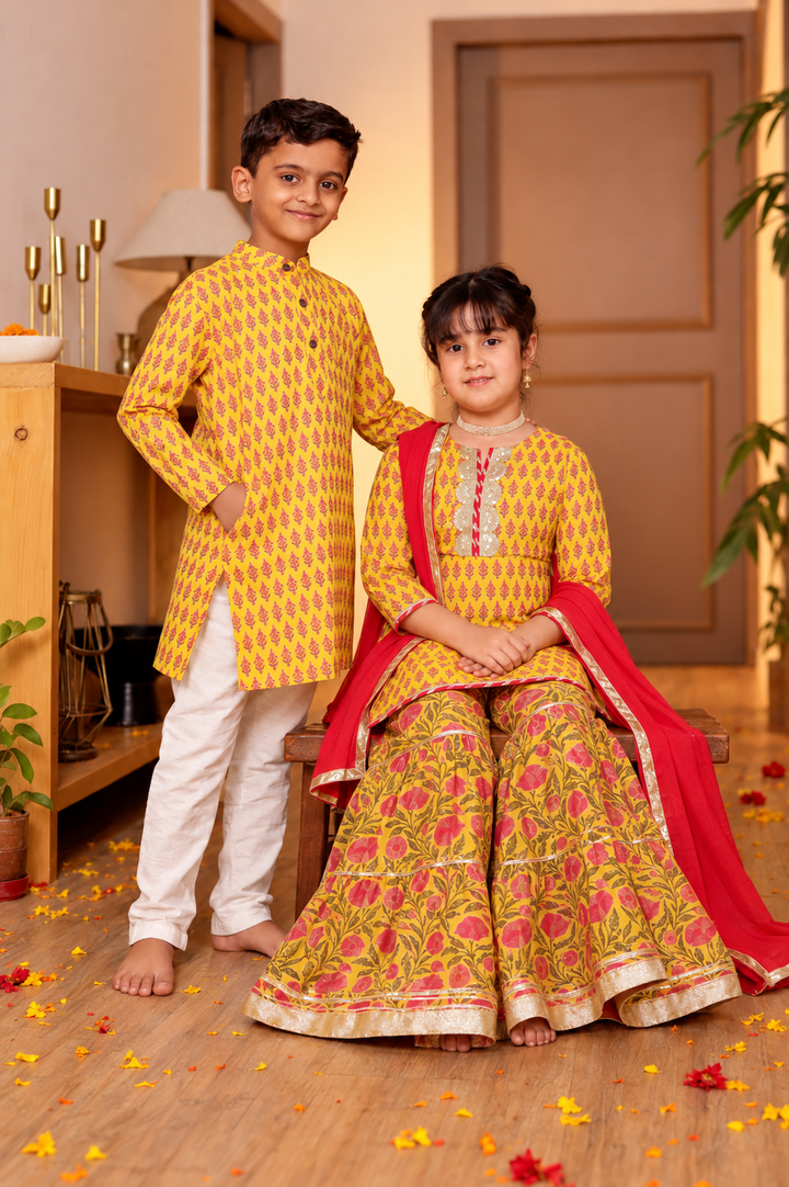 Girls Bright Yellow Floral Printed Kurti & Tiered Sharara with Red Dupatta (Set of 3) + Boys Bright Yellow Floral Booti Printed Cotton Kurta with Pyjama (Set of 2)