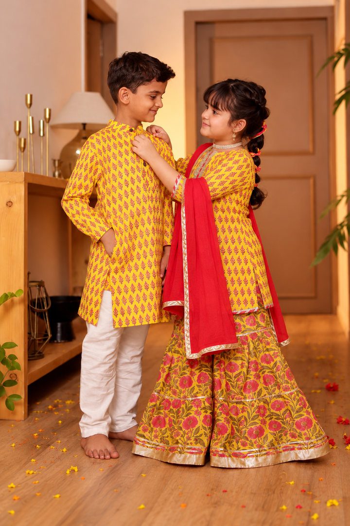 Girls Bright Yellow Floral Printed Kurti & Tiered Sharara with Red Dupatta (Set of 3) + Boys Bright Yellow Floral Booti Printed Cotton Kurta with Pyjama (Set of 2)