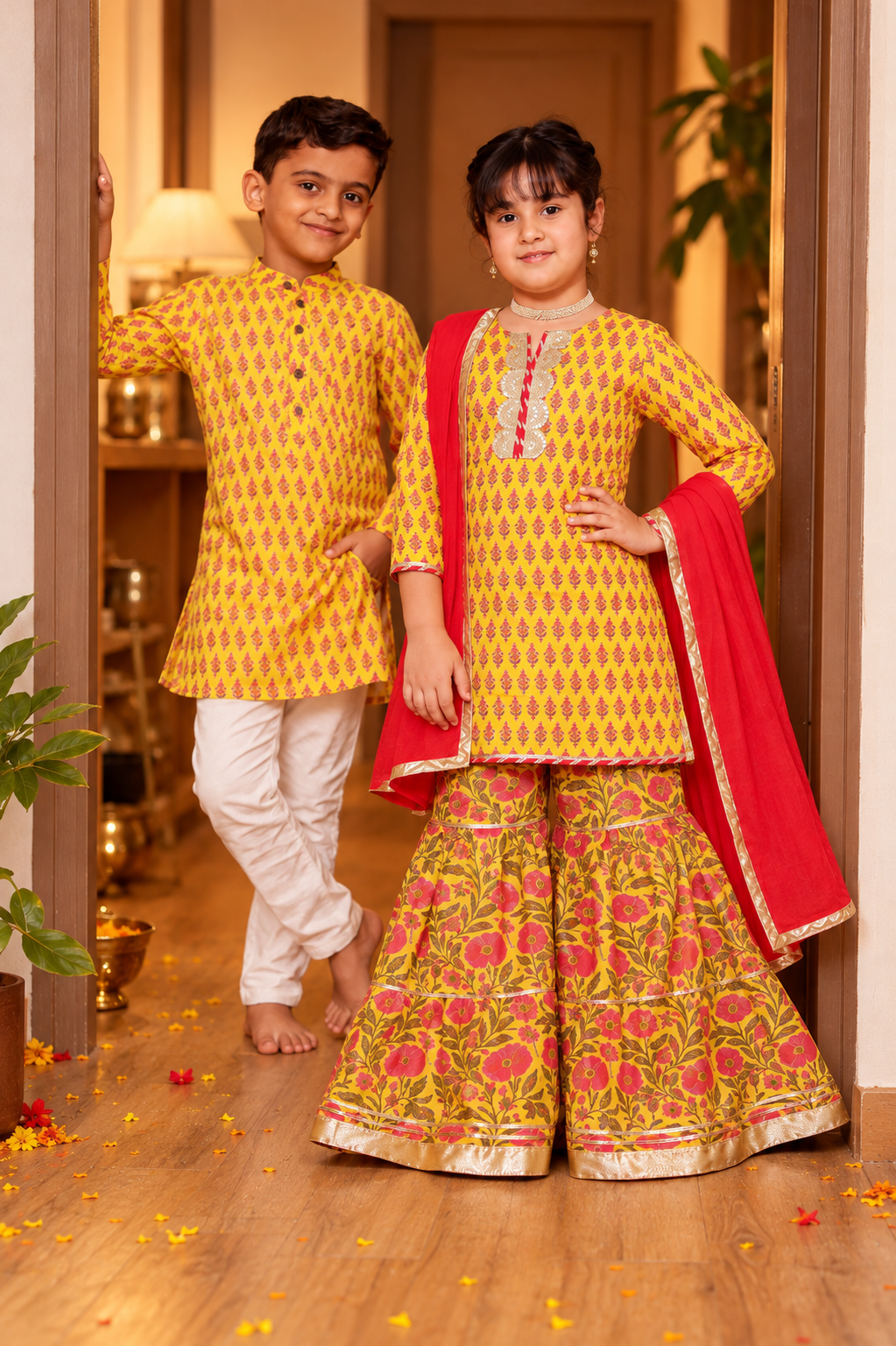 Girls Bright Yellow Floral Printed Kurti & Tiered Sharara with Red Dupatta (Set of 3) + Boys Bright Yellow Floral Booti Printed Cotton Kurta with Pyjama (Set of 2)