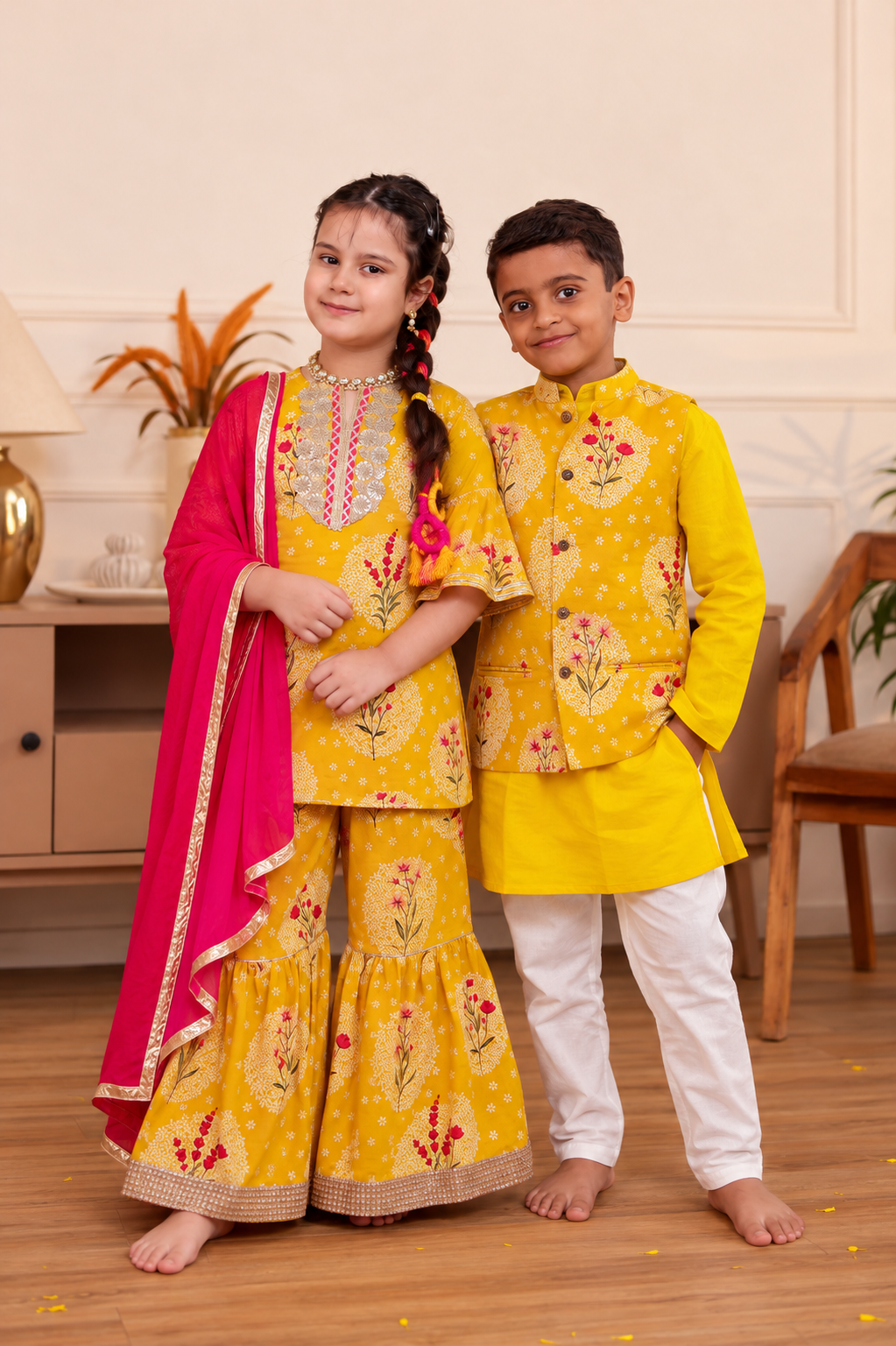 Girls Mustard Yellow Floral Printed Kurti & Sharara Set with Dupatta (Set of 3) + Boys Mustard Yellow Printed Jacket with Kurta and Pajama Set (Set of 3)
