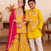Girls Mustard Yellow Floral Printed Kurti & Sharara Set with Dupatta (Set of 3) + Boys Mustard Yellow Printed Jacket with Kurta and Pajama Set (Set of 3)