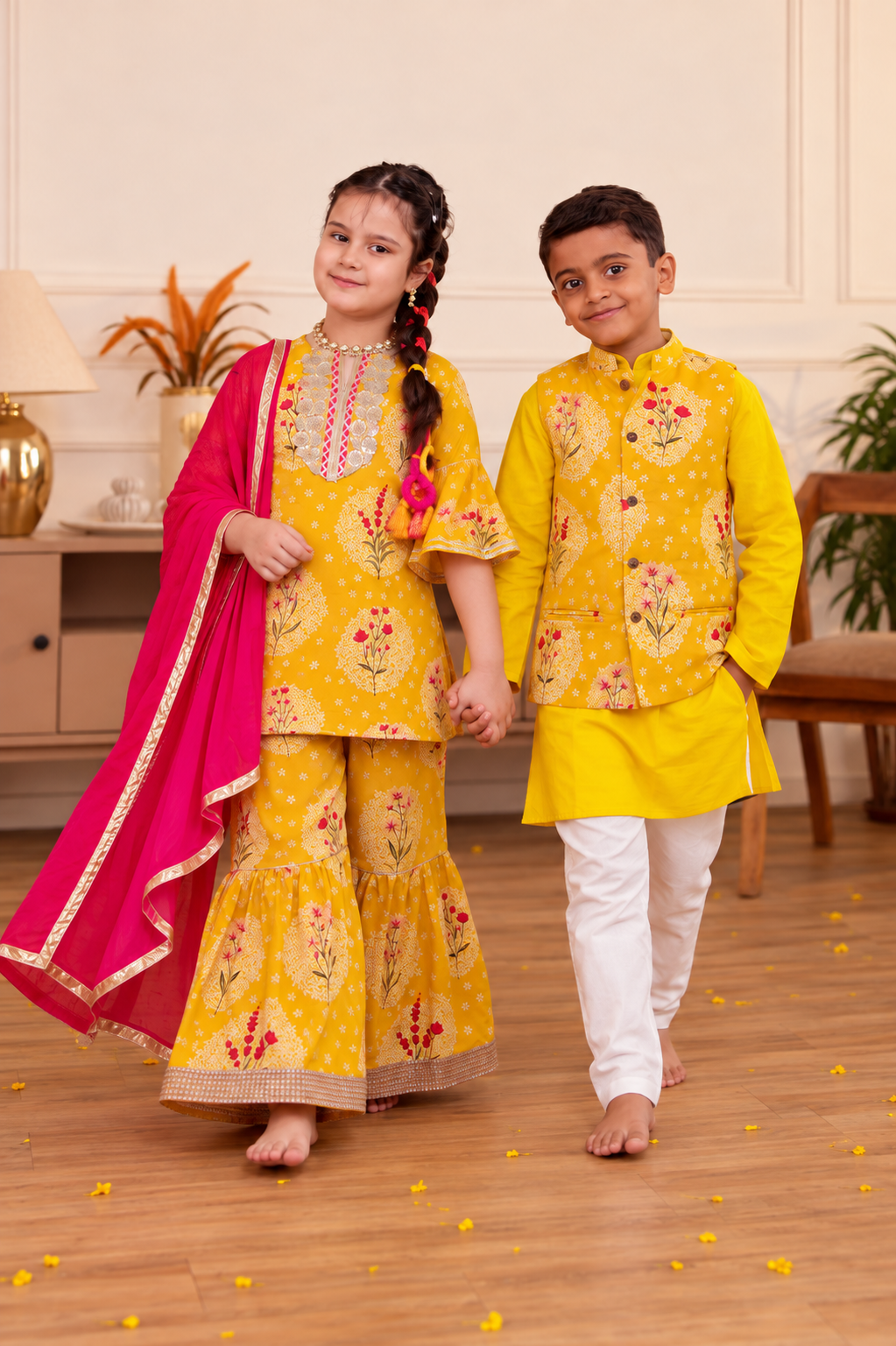 Girls Mustard Yellow Floral Printed Kurti & Sharara Set with Dupatta (Set of 3) + Boys Mustard Yellow Printed Jacket with Kurta and Pajama Set (Set of 3)
