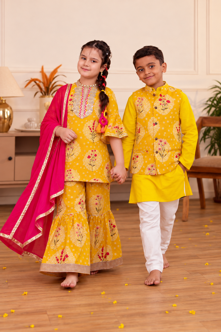 Girls Mustard Yellow Floral Printed Kurti & Sharara Set with Dupatta (Set of 3) + Boys Mustard Yellow Printed Jacket with Kurta and Pajama Set (Set of 3)