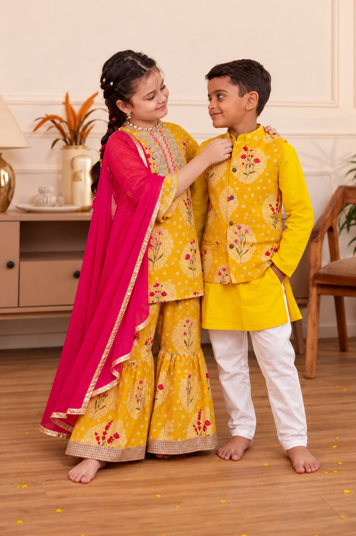 Girls Mustard Yellow Floral Printed Kurti & Sharara Set with Dupatta (Set of 3) + Boys Mustard Yellow Printed Jacket with Kurta and Pajama Set (Set of 3)