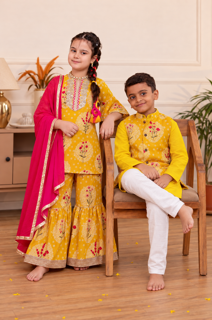 Girls Mustard Yellow Floral Printed Kurti & Sharara Set with Dupatta (Set of 3) + Boys Mustard Yellow Printed Jacket with Kurta and Pajama Set (Set of 3)