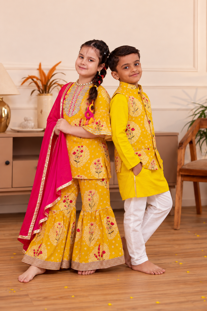 Girls Mustard Yellow Floral Printed Kurti & Sharara Set with Dupatta (Set of 3) + Boys Mustard Yellow Printed Jacket with Kurta and Pajama Set (Set of 3)