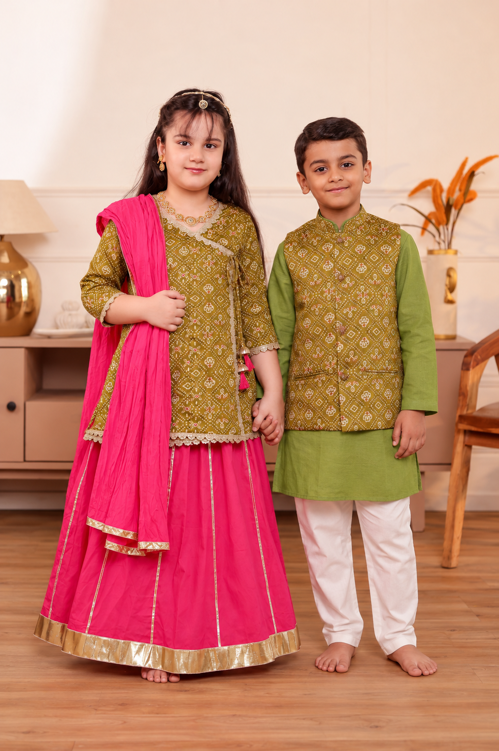 Girls Muslin Mehendi Green Bandhani Angrakha Kurti & Rani Pink Skirt Set with Dupatta (Set of 3) +  Kids Muslin Mehendi Green Bandhani Jacket & Kurta Pajama 3-Piece Festive Set