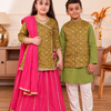 Girls Muslin Mehendi Green Bandhani Angrakha Kurti & Rani Pink Skirt Set with Dupatta (Set of 3) +  Kids Muslin Mehendi Green Bandhani Jacket & Kurta Pajama 3-Piece Festive Set