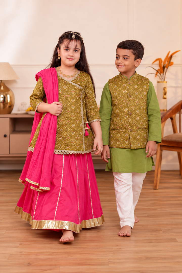 Girls Muslin Mehendi Green Bandhani Angrakha Kurti & Rani Pink Skirt Set with Dupatta (Set of 3) +  Kids Muslin Mehendi Green Bandhani Jacket & Kurta Pajama 3-Piece Festive Set