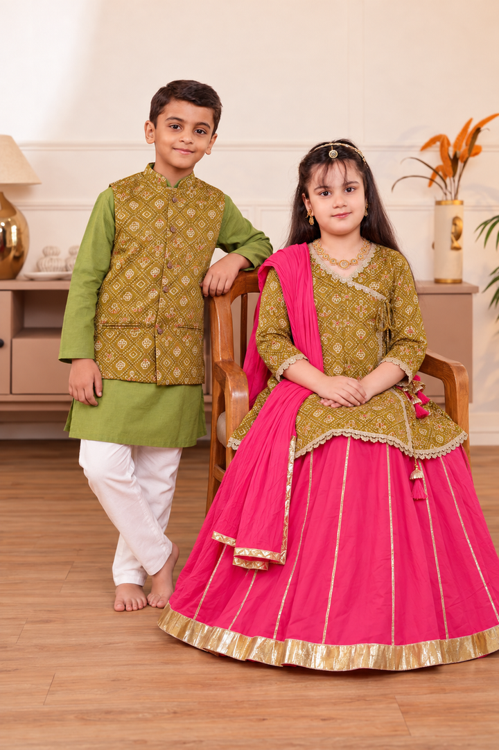 Girls Muslin Mehendi Green Bandhani Angrakha Kurti & Rani Pink Skirt Set with Dupatta (Set of 3) +  Kids Muslin Mehendi Green Bandhani Jacket & Kurta Pajama 3-Piece Festive Set