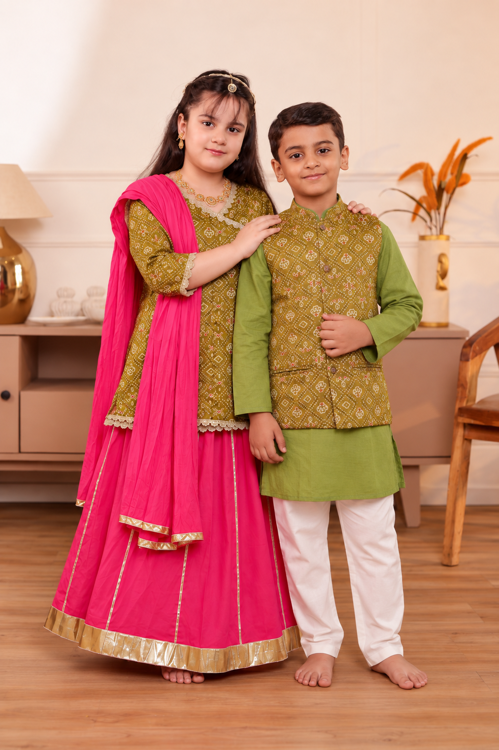 Girls Muslin Mehendi Green Bandhani Angrakha Kurti & Rani Pink Skirt Set with Dupatta (Set of 3) +  Kids Muslin Mehendi Green Bandhani Jacket & Kurta Pajama 3-Piece Festive Set
