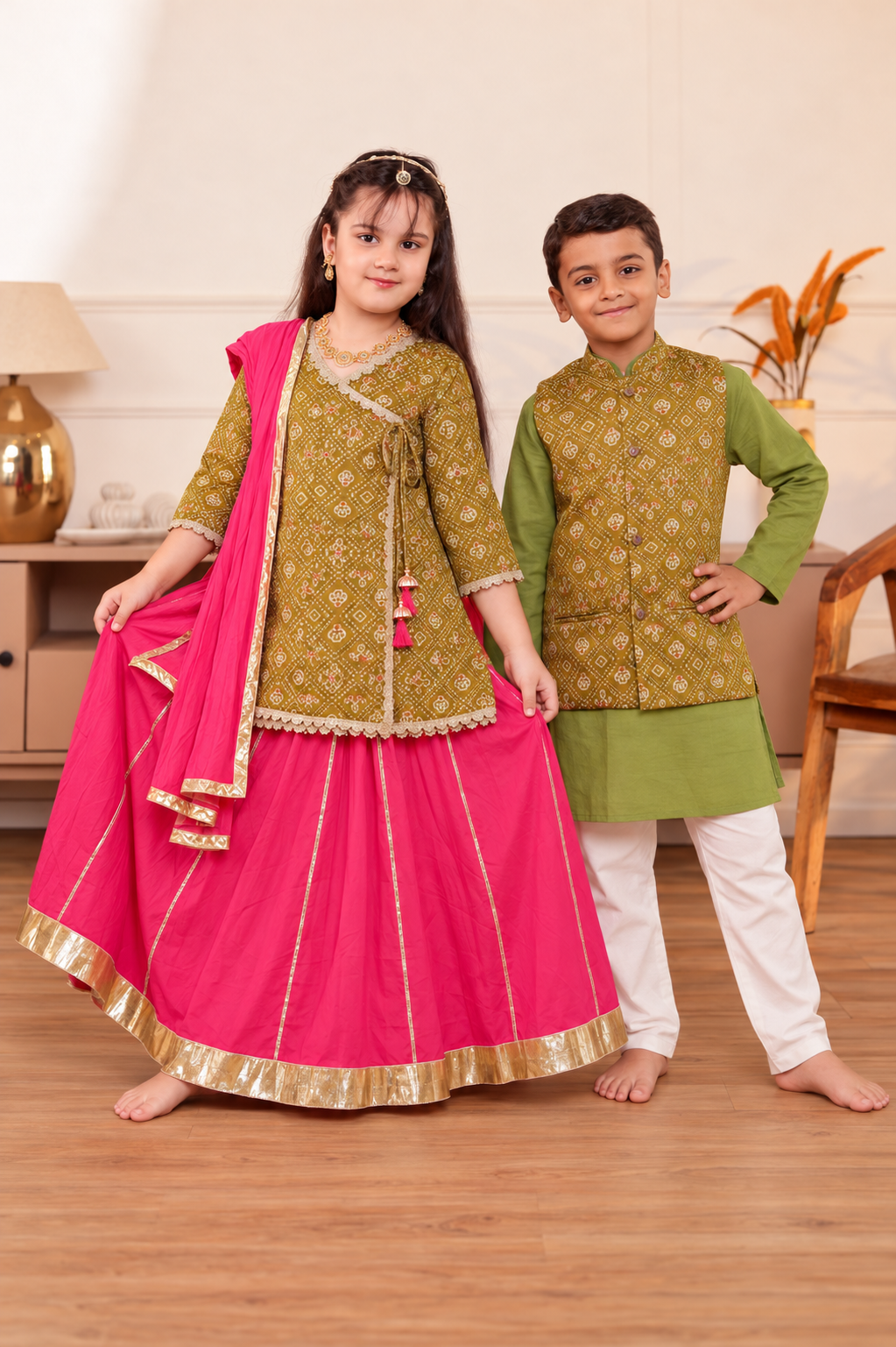 Girls Muslin Mehendi Green Bandhani Angrakha Kurti & Rani Pink Skirt Set with Dupatta (Set of 3) +  Kids Muslin Mehendi Green Bandhani Jacket & Kurta Pajama 3-Piece Festive Set