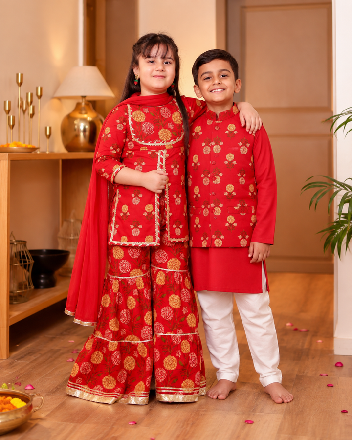 Girls Red Floral Printed Front-Slit Kurti & Tiered Sharara Set with Dupatta (Set of 3) + Boys Red Floral Printed Jacket with Kurta & Pyjama Set (Set of 3)
