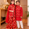 Girls Red Floral Printed Front-Slit Kurti & Tiered Sharara Set with Dupatta (Set of 3) + Boys Red Floral Printed Jacket with Kurta & Pyjama Set (Set of 3)