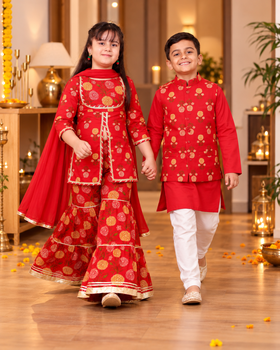 Girls Red Floral Printed Front-Slit Kurti & Tiered Sharara Set with Dupatta (Set of 3) + Boys Red Floral Printed Jacket with Kurta & Pyjama Set (Set of 3)