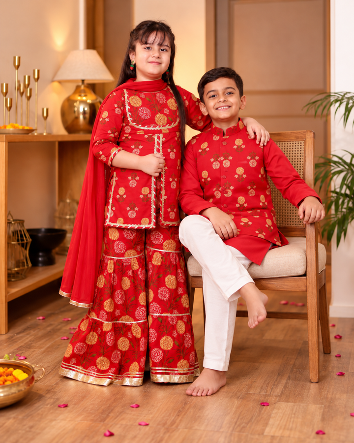 Girls Red Floral Printed Front-Slit Kurti & Tiered Sharara Set with Dupatta (Set of 3) + Boys Red Floral Printed Jacket with Kurta & Pyjama Set (Set of 3)