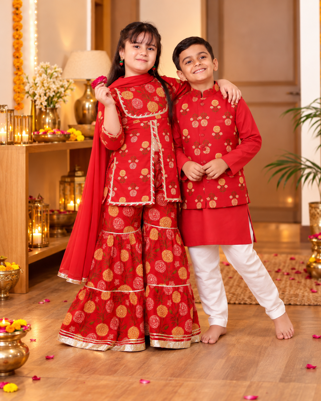Girls Red Floral Printed Front-Slit Kurti & Tiered Sharara Set with Dupatta (Set of 3) + Boys Red Floral Printed Jacket with Kurta & Pyjama Set (Set of 3)