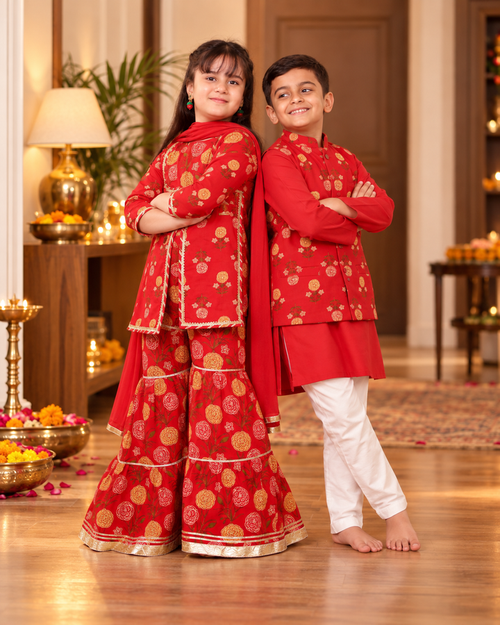 Girls Red Floral Printed Front-Slit Kurti & Tiered Sharara Set with Dupatta (Set of 3) + Boys Red Floral Printed Jacket with Kurta & Pyjama Set (Set of 3)