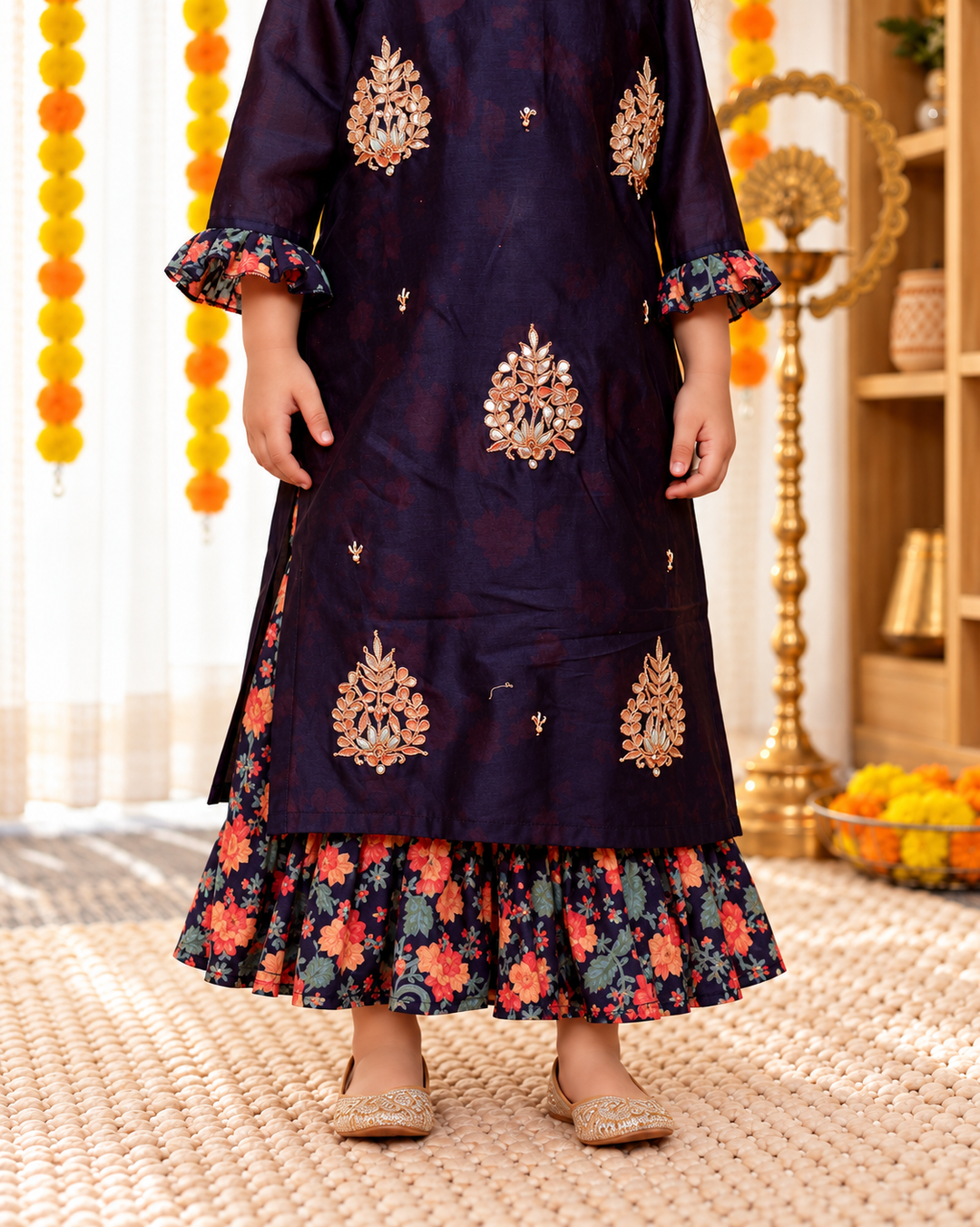 GIRLS NAVY BLUE CHANDERI KURTI WITH GOTA PATTI HAND WORK WITH INNER COTTON DRESS (2PC SET)