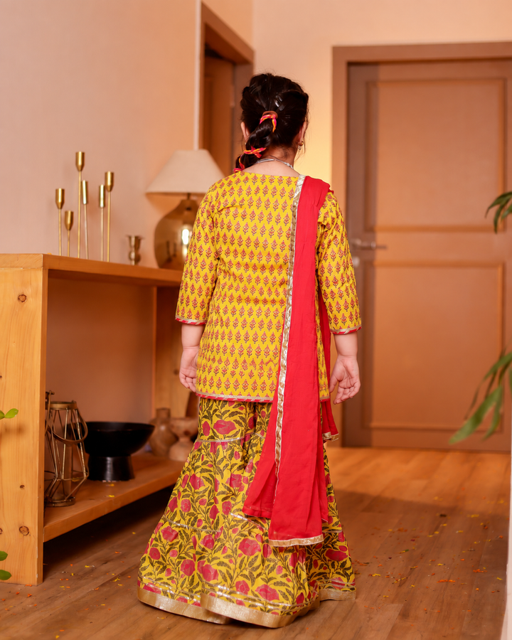 Girls Bright Yellow Floral Printed Kurti & Tiered Sharara with Red Dupatta (Set of 3)