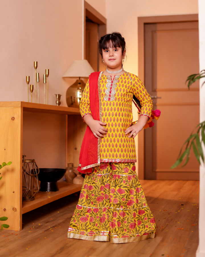 Girls Bright Yellow Floral Printed Kurti & Tiered Sharara with Red Dupatta (Set of 3)