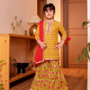 Girls Bright Yellow Floral Printed Kurti & Tiered Sharara with Red Dupatta (Set of 3)
