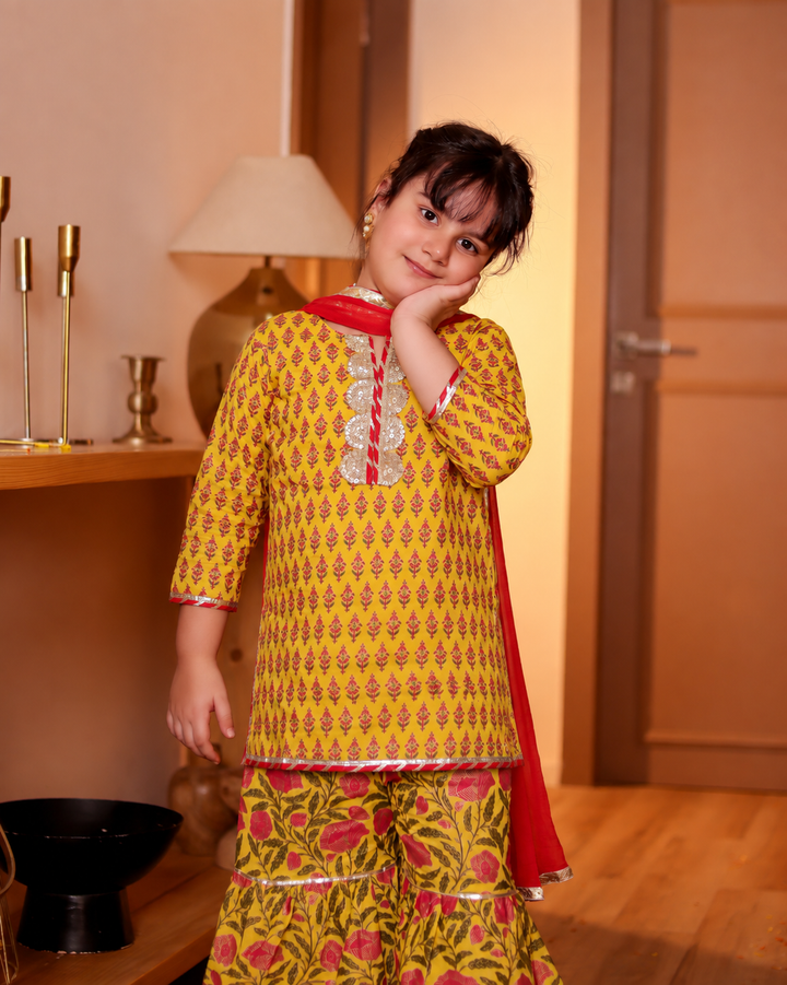 Girls Bright Yellow Floral Printed Kurti & Tiered Sharara with Red Dupatta (Set of 3)