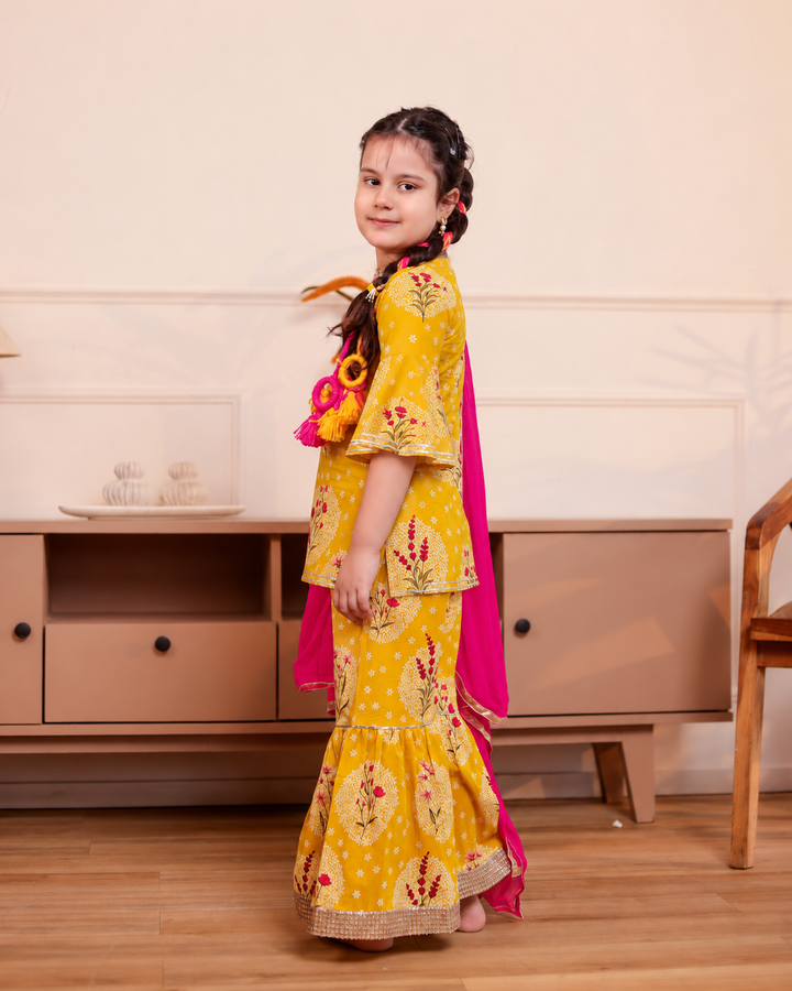 Girls Mustard Yellow Floral Printed Kurti & Sharara Set with Dupatta (Set of 3)